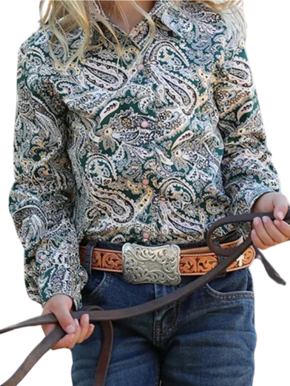 Cruel Girls Western Rodeo Shirt Green Paisley Pink Pearl Snap Large 10 L/S